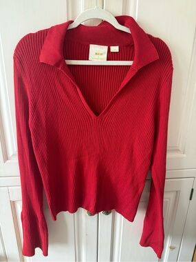 Maeve Bright Red Ribbed V-Neck Collared Pullover